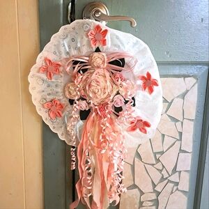 White and Pink Door Handle Decor Or Use Anywhere 16" Wide.22 " Long With Ribbons